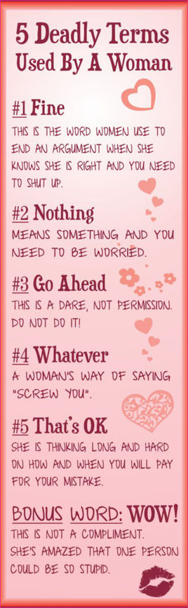 5 Deadly Terms Used By a Woman Funny Quote Sign in Pink