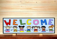 Rainbow Welcome Sign with Stick Figure Kids