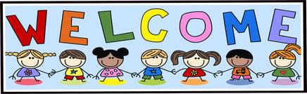 Rainbow Welcome Sign with Stick Figure Kids