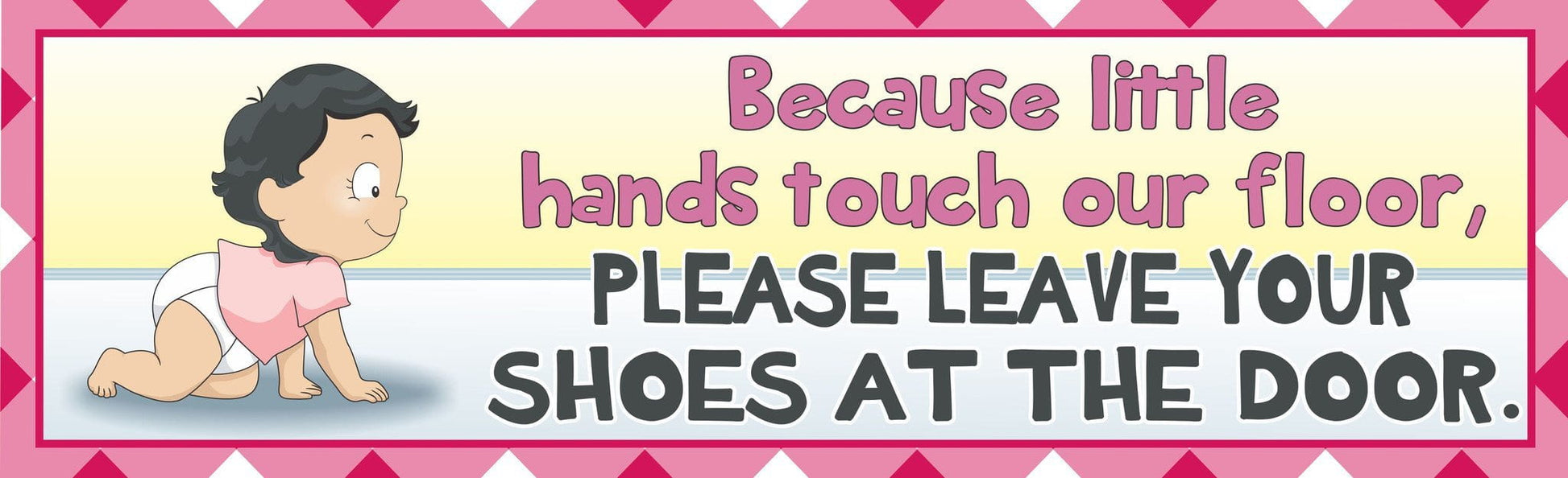 baby shoes off sign with crawling boy illustration and polka dot border on rectangular wall sign