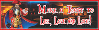 Pirate-themed bar sign with illustrated pirate holding a rum bottle, tavern background, and bold text reading “Make a Toast to Life, Love and Loot!”