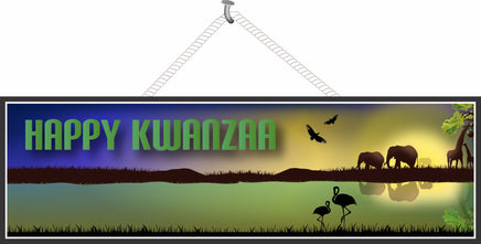 Happy Kwanzaa Sign with African Plains Wildlife Design with Rope Hanger