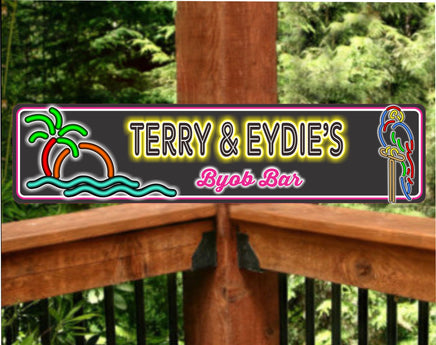 Personalized Tropical Themed Home Bar Sign with Neon Effect