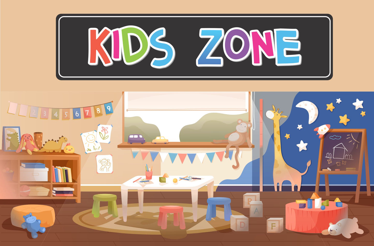 kids zone sign hanging on wall in children’s playroom