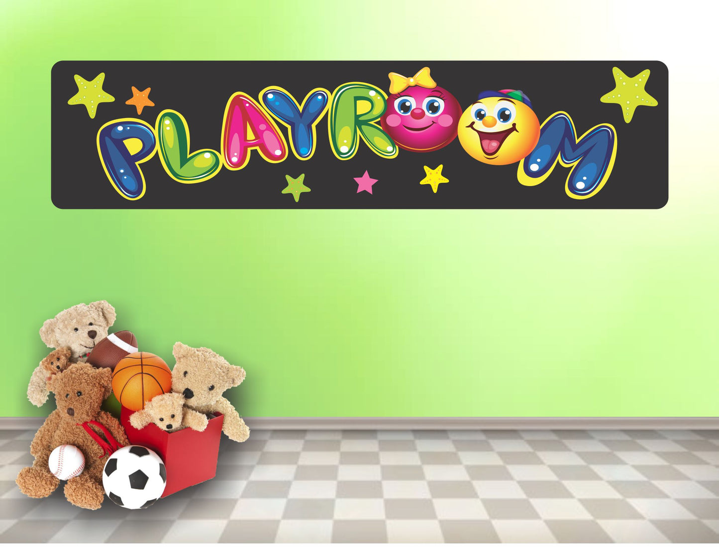 playroom sign hanging on the wall above children’s toys