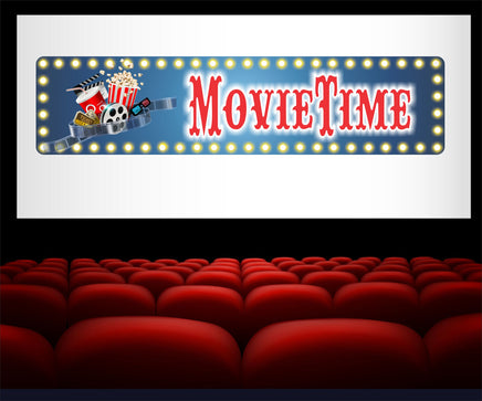 Movie Time Home Movie Theater Sign with Popcorn Design and Flashbulb Effect Border