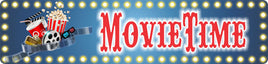 Movie Time Home Movie Theater Sign with Popcorn Design and Flashbulb Effect Border