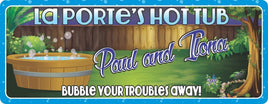 Luxurious hot tub sign with custom tree and bubbles design - ideal for backyard relaxation and personalized outdoor decor.