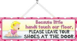 Take Off Your Shoes Baby Sign with Blonde Toddler in Diaper & T-Shirt