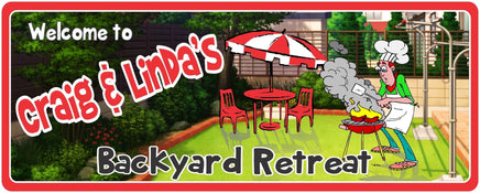 Backyard Retreat Welcome Sign with Grill & Lawn Furniture