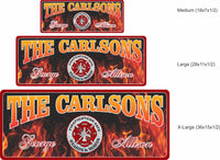 Firefighter Personalized Welcome Sign with Flame Background and Fire Rescue Emblem