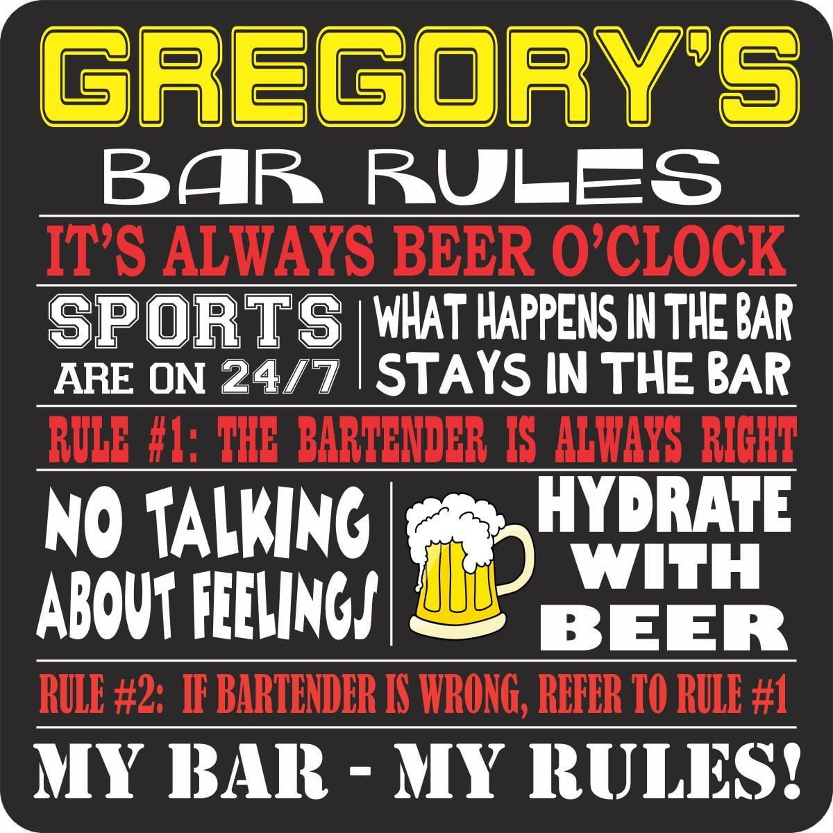 Personalized Bar Rules Sign with Funny Quotes, Funny Sayings and Beer