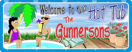 Cartoon Hot Tub Sign with Deck, Palm Tree & Couple