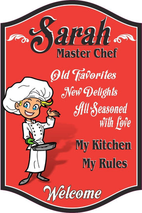 Custom Kitchen Sign with Happy Waving Cartoon Female Chef