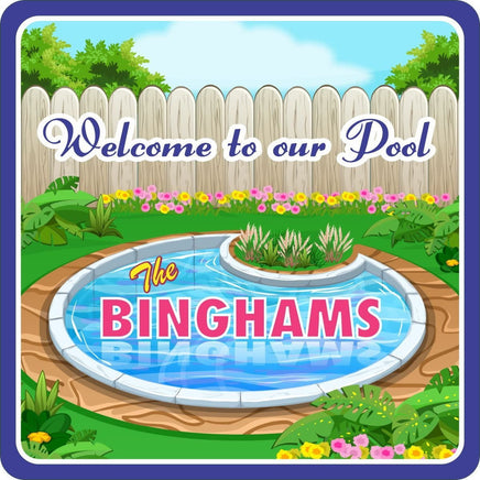 Custom Swimming Pool Sign with Round Pool, Flowers & Wood Fence Décor - Outdoor Poolside Decoration