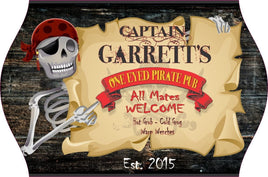 One Eyed Pirate Personalized Pub Welcome Sign with Pirate Skeleton and Established Date