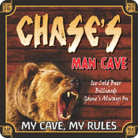 Image of Personalized Man Cave Rules Sign with Roaring Grizzly Bear on Wood Background