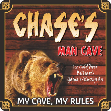 Man Cave Rules Bear Sign with Grizzly & Log Cabin Background