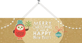 Gold Christmas Sign with Owl & Miniature Pine Tree