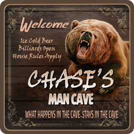 Custom Grizzly Bear Man Cave Sign with Woodgrain Background - Personalized Wall Decor