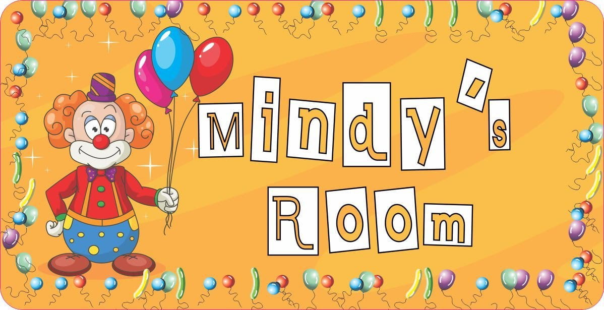 Yellow color variation of personalized clown theme kids room door sign