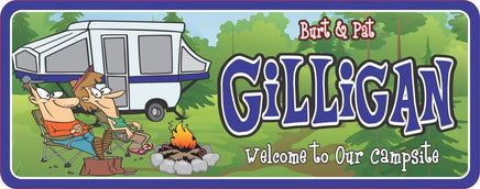 RV Camping Personalized Sign With Cartoon Couple, Classic RV, Campfire, Camping Accessories and Sign Quote