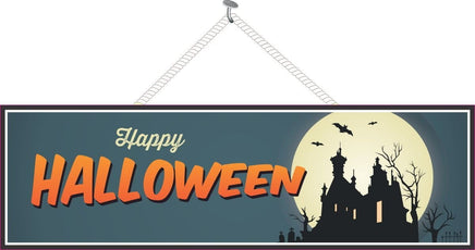 Haunted House Halloween Sign with Bats and Full Moon