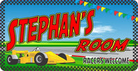 Yellow Race Car Kids Sign with Checkered Flag Border, Personalized Children's Room Decor