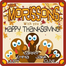 Personalized Thanksgiving sign with a turkey family, fall leaves, pumpkins in each corner, and editable text lines.