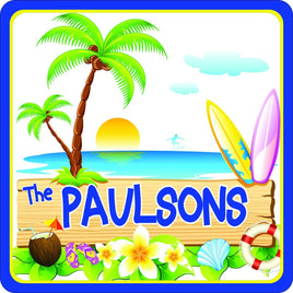 Cartoon-style personalized tropical island sign featuring coconut cocktail, palm trees, beach sunset, surfboards, and a life preserver, with editable text options.