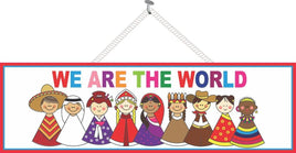 We Are The World Teacher Sign with Kids and Rainbow Lettering