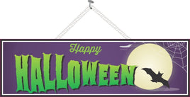 Purple Halloween Sign with Bat & Full Moon