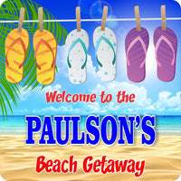 Personalized Beach Welcome Sign with Flip Flops Hanging from Clothes Line