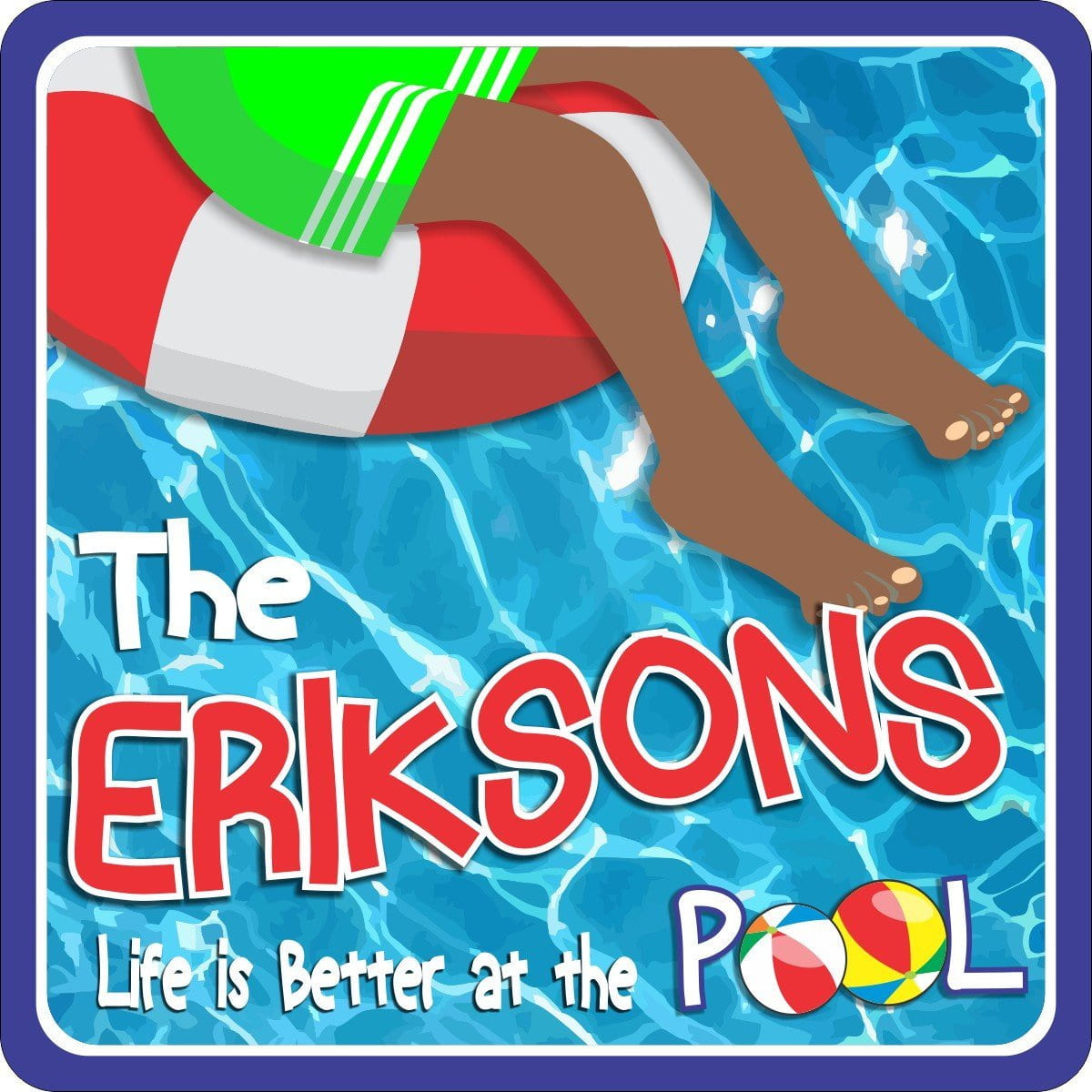 Personalized pool sign with floating pool ring graphic, water background, custom family name, and selectable leg color